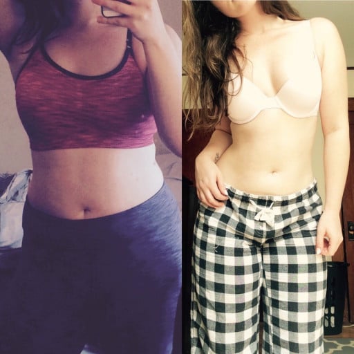 A before and after photo of a 5'6" female showing a weight reduction from 163 pounds to 145 pounds. A respectable loss of 18 pounds.