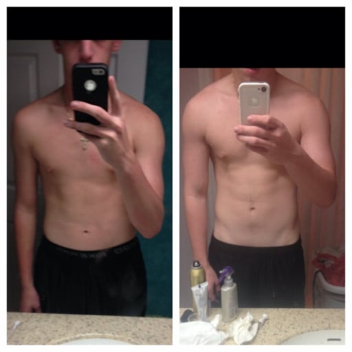 A before and after photo of a 6'1" male showing a weight gain from 156 pounds to 180 pounds. A respectable gain of 24 pounds.