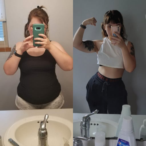 A picture of a 5'2" female showing a weight loss from 210 pounds to 140 pounds. A total loss of 70 pounds.
