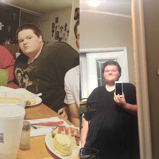 A before and after photo of a 6'3" male showing a weight reduction from 550 pounds to 485 pounds. A respectable loss of 65 pounds.