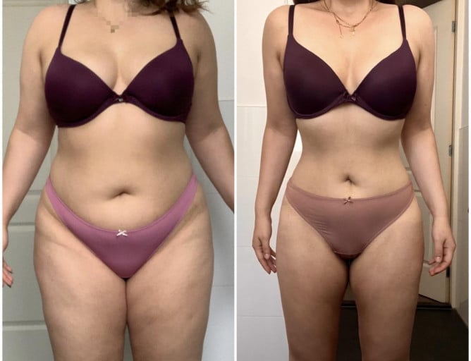 Before and After 54 lbs Fat Loss 5'4 Female 183 lbs to 129 lbs