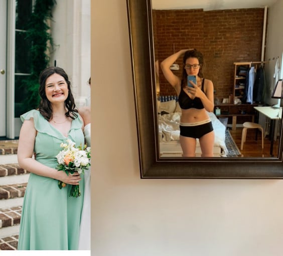 A before and after photo of a 5'6" female showing a weight reduction from 167 pounds to 133 pounds. A total loss of 34 pounds.