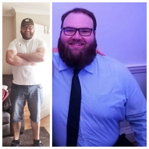 A progress pic of a 6'2" man showing a fat loss from 349 pounds to 289 pounds. A net loss of 60 pounds.