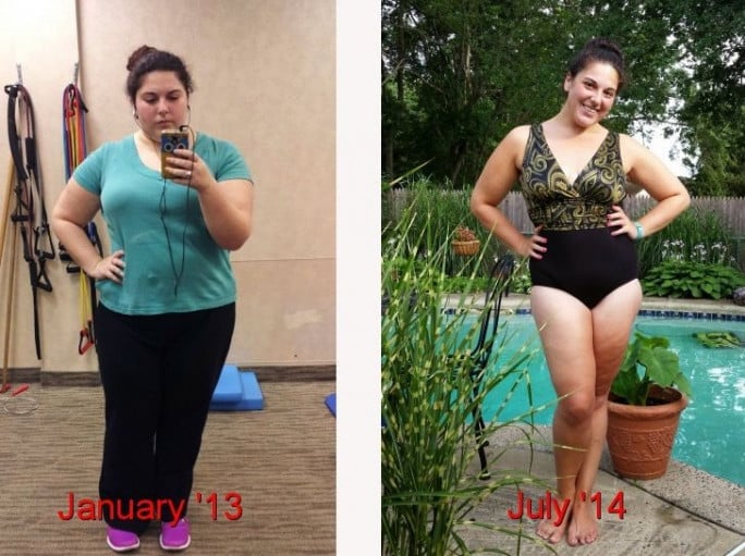 A progress pic of a 5'6" woman showing a fat loss from 277 pounds to 190 pounds. A total loss of 87 pounds.