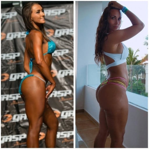 A before and after photo of a 5'7" female showing a weight gain from 125 pounds to 155 pounds. A respectable gain of 30 pounds.