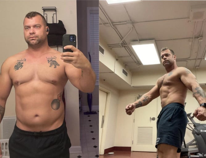 A before and after photo of a 5'7" male showing a weight reduction from 220 pounds to 198 pounds. A total loss of 22 pounds.