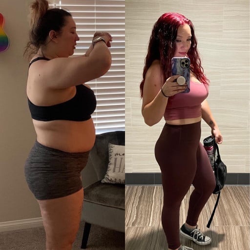 A progress pic of a 5'1" woman showing a fat loss from 190 pounds to 149 pounds. A respectable loss of 41 pounds.