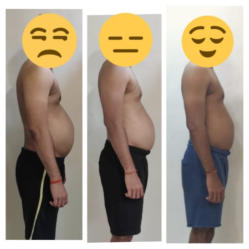 A progress pic of a 5'10" man showing a fat loss from 180 pounds to 157 pounds. A net loss of 23 pounds.