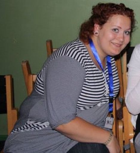 A picture of a 5'8" female showing a weight reduction from 253 pounds to 220 pounds. A respectable loss of 33 pounds.
