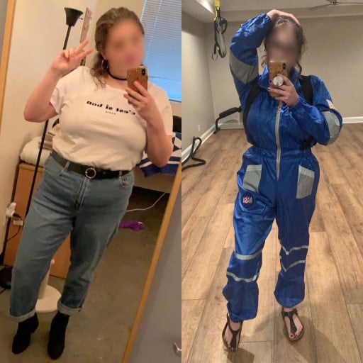 A progress pic of a 5'5" woman showing a fat loss from 208 pounds to 156 pounds. A net loss of 52 pounds.