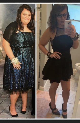 A progress pic of a 5'7" woman showing a fat loss from 270 pounds to 163 pounds. A net loss of 107 pounds.