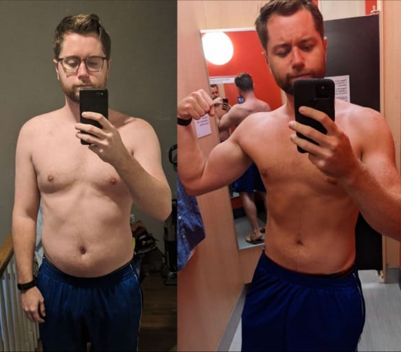 A before and after photo of a 5'11" male showing a weight reduction from 200 pounds to 170 pounds. A total loss of 30 pounds.