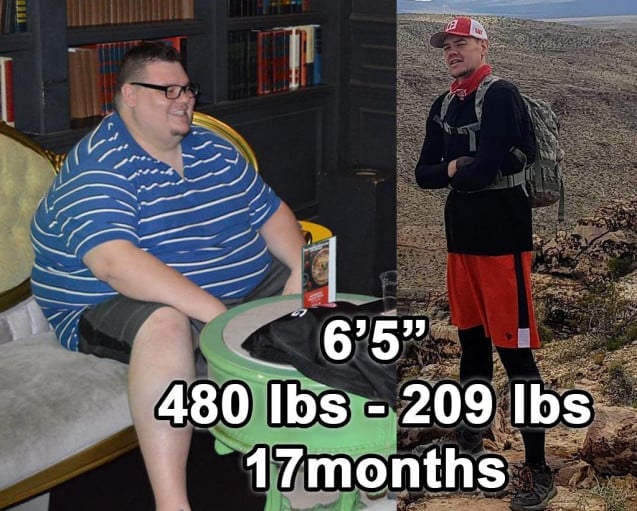 A before and after photo of a 6'5" male showing a weight reduction from 480 pounds to 209 pounds. A total loss of 271 pounds.