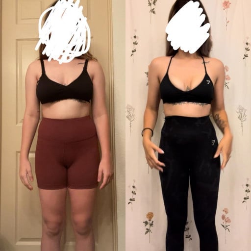 A progress pic of a 5'4" woman showing a fat loss from 142 pounds to 124 pounds. A net loss of 18 pounds.