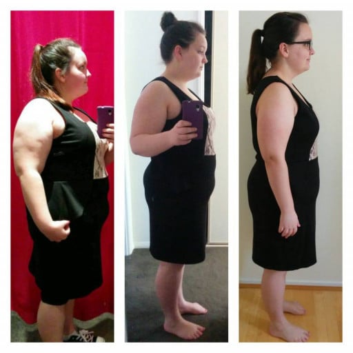 A progress pic of a 5'0" woman showing a fat loss from 215 pounds to 182 pounds. A respectable loss of 33 pounds.