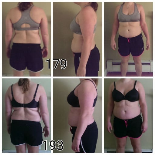A before and after photo of a 5'8" female showing a weight reduction from 193 pounds to 179 pounds. A net loss of 14 pounds.