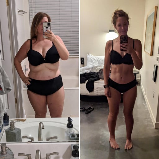 122 lbs Fat Loss Before and After 5 feet 7 Female 265 lbs to 143 lbs