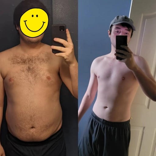 A picture of a 6'0" male showing a weight loss from 230 pounds to 170 pounds. A respectable loss of 60 pounds.