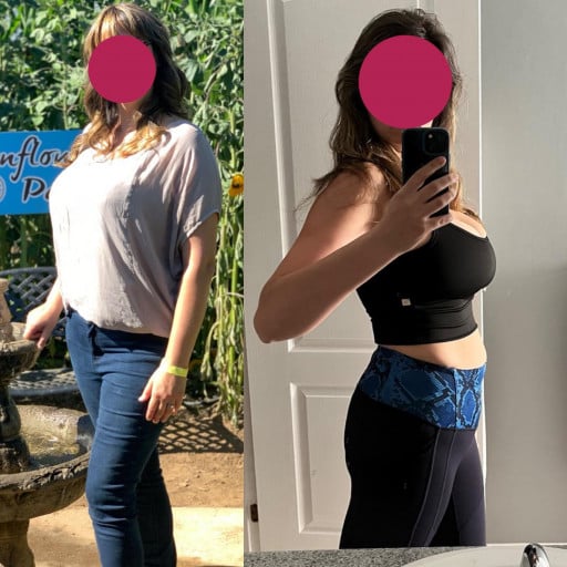 A progress pic of a 5'6" woman showing a fat loss from 160 pounds to 140 pounds. A total loss of 20 pounds.