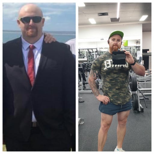 A before and after photo of a 6'2" male showing a weight reduction from 330 pounds to 240 pounds. A total loss of 90 pounds.