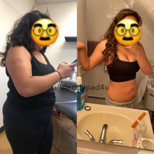 A before and after photo of a 5'2" female showing a weight reduction from 203 pounds to 145 pounds. A respectable loss of 58 pounds.