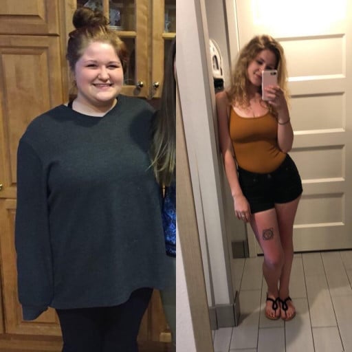 A photo of a 5'3" woman showing a weight cut from 280 pounds to 120 pounds. A total loss of 160 pounds.