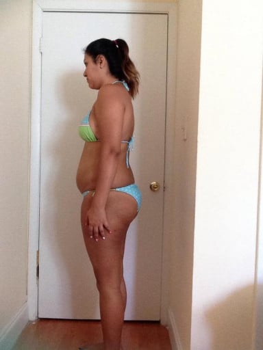 A before and after photo of a 5'7" female showing a snapshot of 165 pounds at a height of 5'7