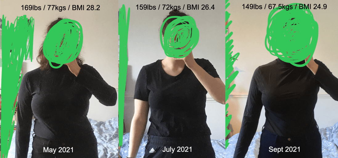 A picture of a 5'5" female showing a weight loss from 169 pounds to 159 pounds. A respectable loss of 10 pounds.