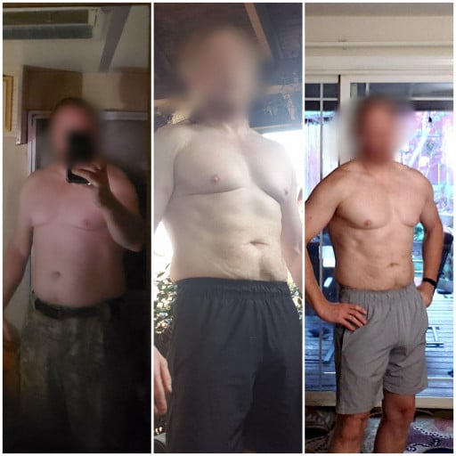 A progress pic of a 5'9" man showing a fat loss from 230 pounds to 175 pounds. A net loss of 55 pounds.