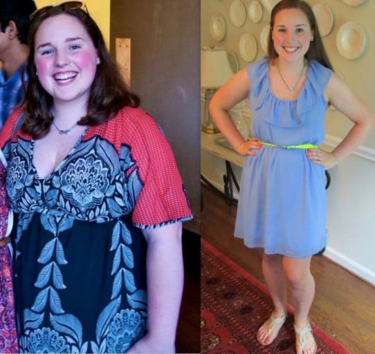 A picture of a 5'3" female showing a weight loss from 210 pounds to 147 pounds. A total loss of 63 pounds.