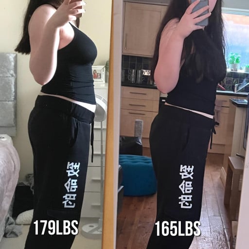 A before and after photo of a 5'7" female showing a weight reduction from 179 pounds to 165 pounds. A net loss of 14 pounds.