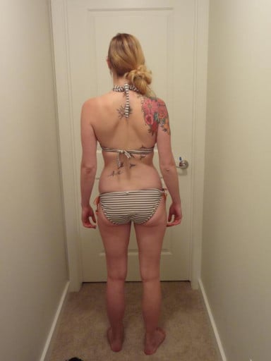 A picture of a 5'8" female showing a fat loss from 139 pounds to 133 pounds. A net loss of 6 pounds.