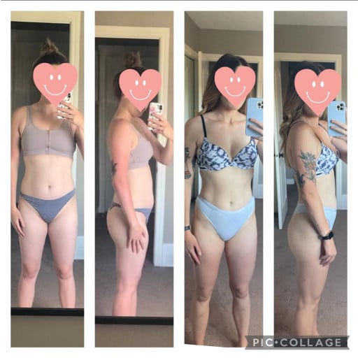 A before and after photo of a 5'8" female showing a weight reduction from 151 pounds to 135 pounds. A net loss of 16 pounds.