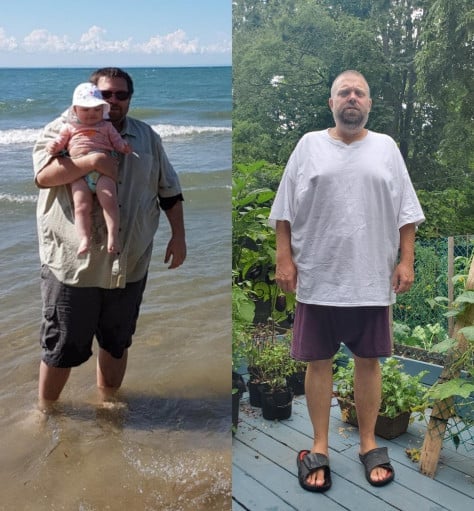 A picture of a 6'1" male showing a weight loss from 355 pounds to 260 pounds. A net loss of 95 pounds.