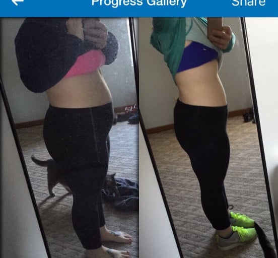 A progress pic of a 5'3" woman showing a fat loss from 205 pounds to 184 pounds. A total loss of 21 pounds.