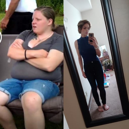 A progress pic of a 5'3" woman showing a fat loss from 230 pounds to 127 pounds. A respectable loss of 103 pounds.
