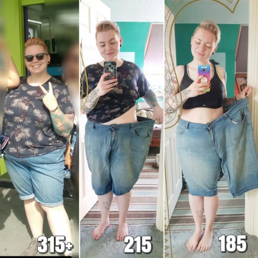 A before and after photo of a 5'6" female showing a weight reduction from 315 pounds to 185 pounds. A respectable loss of 130 pounds.