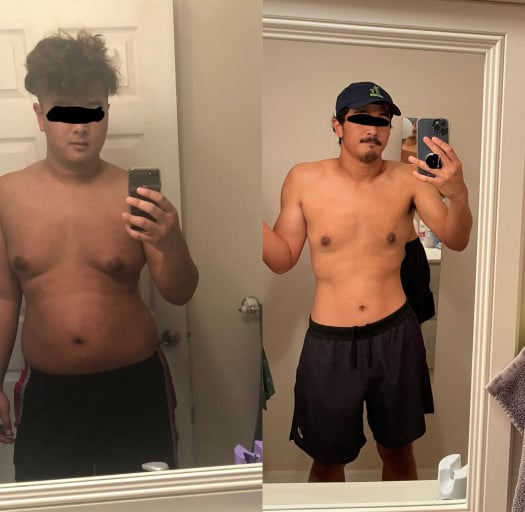 A before and after photo of a 6'0" male showing a weight reduction from 232 pounds to 165 pounds. A respectable loss of 67 pounds.