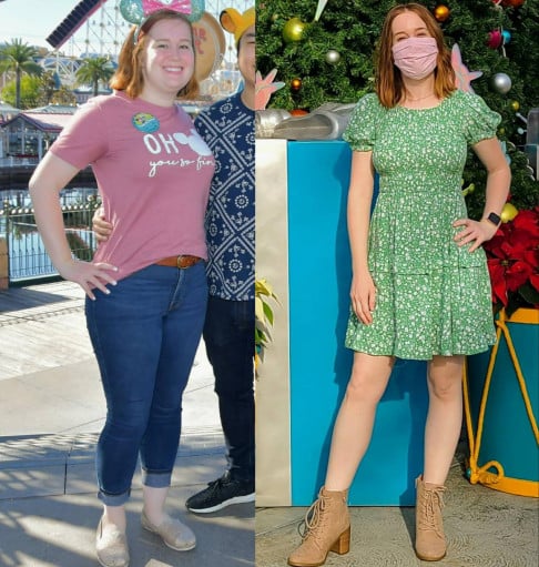 A picture of a 5'4" female showing a weight loss from 170 pounds to 127 pounds. A net loss of 43 pounds.