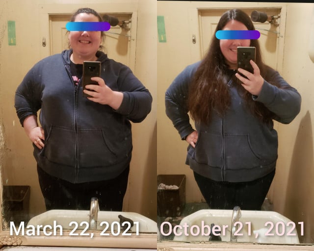 A before and after photo of a 5'4" female showing a weight reduction from 375 pounds to 335 pounds. A respectable loss of 40 pounds.