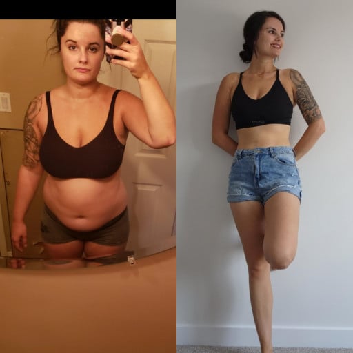 A picture of a 5'9" female showing a weight loss from 215 pounds to 143 pounds. A respectable loss of 72 pounds.