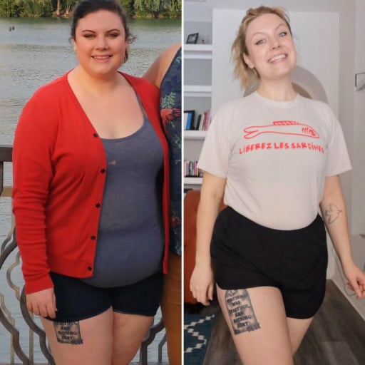 A before and after photo of a 5'6" female showing a weight reduction from 267 pounds to 187 pounds. A net loss of 80 pounds.