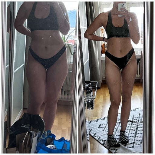 A before and after photo of a 5'10" female showing a weight reduction from 189 pounds to 154 pounds. A net loss of 35 pounds.