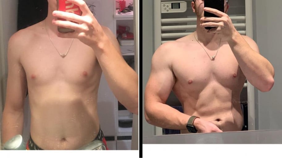 A progress pic of a 5'5" man showing a muscle gain from 125 pounds to 141 pounds. A total gain of 16 pounds.