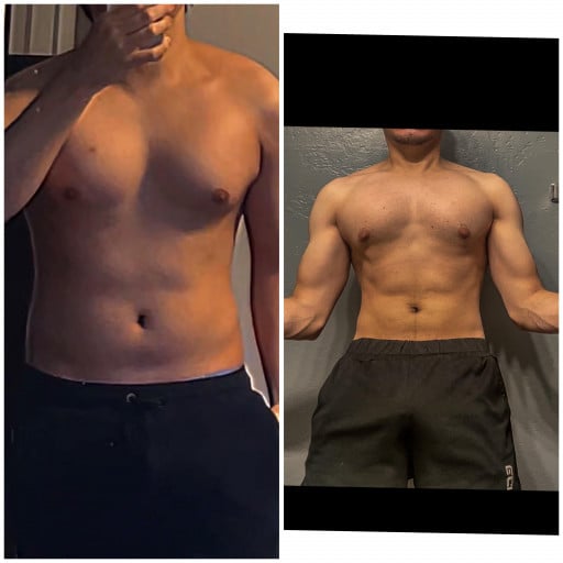 A progress pic of a 5'5" man showing a fat loss from 140 pounds to 110 pounds. A respectable loss of 30 pounds.