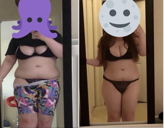 Before and After 42 lbs Fat Loss 5 foot 3 Female 217 lbs to 175 lbs