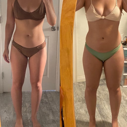 A before and after photo of a 5'3" female showing a weight reduction from 150 pounds to 128 pounds. A respectable loss of 22 pounds.