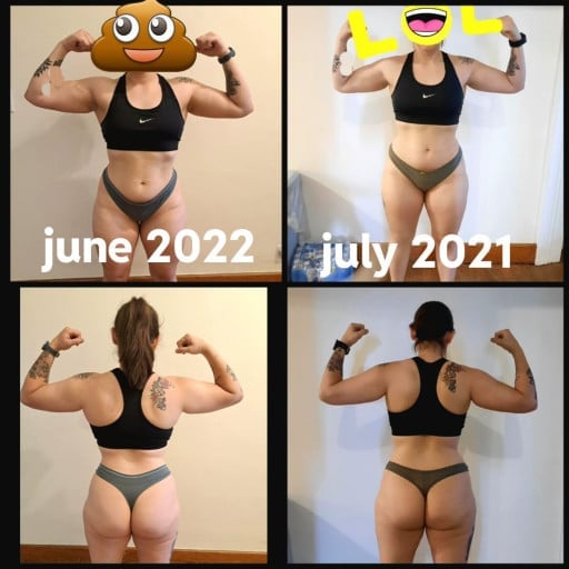 A progress pic of a 5'1" woman showing a muscle gain from 150 pounds to 160 pounds. A total gain of 10 pounds.