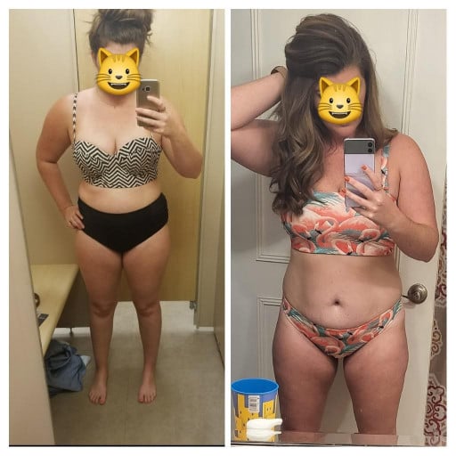 A before and after photo of a 5'5" female showing a weight reduction from 195 pounds to 172 pounds. A total loss of 23 pounds.