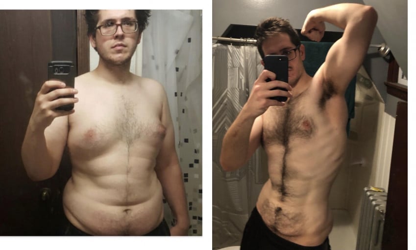 A before and after photo of a 6'3" male showing a weight reduction from 265 pounds to 175 pounds. A respectable loss of 90 pounds.